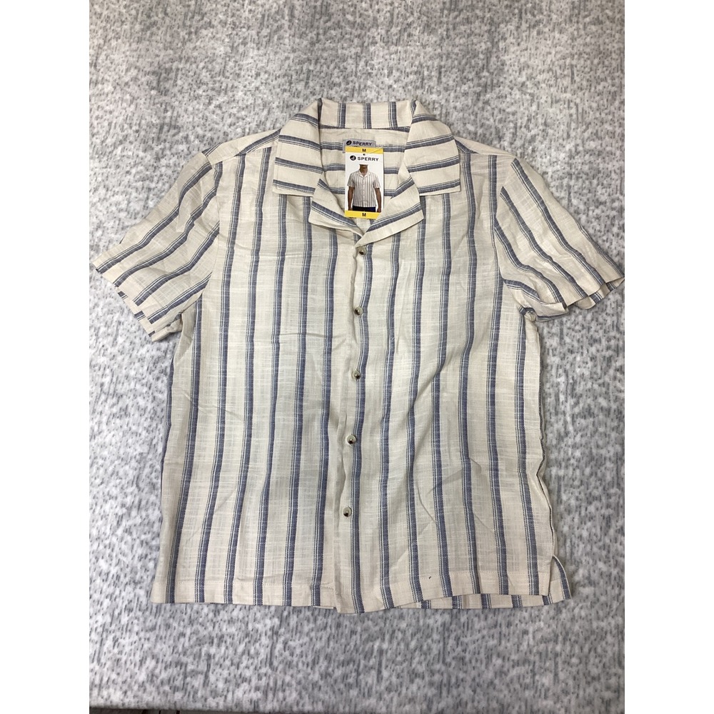 Sperry Mens Camp Collar Textured Stripe Short Sleeve Shirt White Blue SP712SAM M